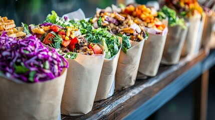 Paper-wrapped street food with colorful ingredients.