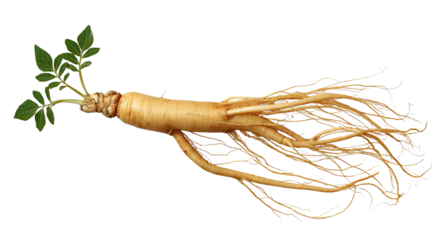 Ginseng Root: A close-up image of a freshly harvested ginseng root with a vibrant green sprout emerging from its crown. The root is isolated against a pure white background. - Powered by Adobe