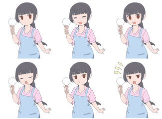 無地のプラカードを持ちエプロンをつけた黒髪の女性。6種類の表情セット