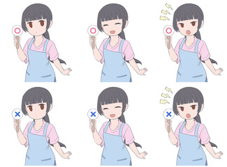 マルバツ棒を持ちエプロンをつけた黒髪の女性。3種類の表情と2種類の記号セット