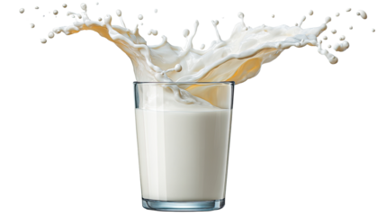 Milk Splash: A refreshing image capturing the dynamic moment of milk splashing out of a glass, highlighting its creamy texture and refreshing appeal.