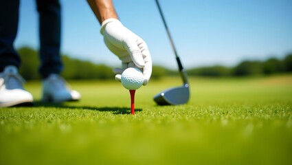 Close-up golfer teeing ball, glove, club, lush fairway, sunlight.