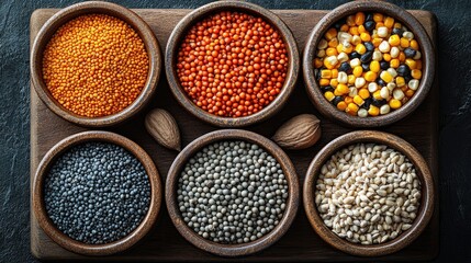 Assorted grains and seeds in small bowls