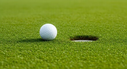 Close-up golf ball near hole on vibrant green putting surface.