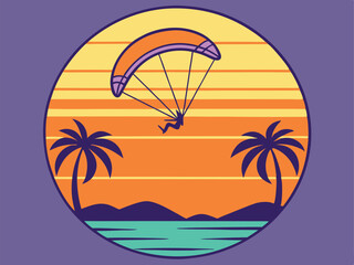 Parasailing at Sunset Tropical Beach Scene Illustration