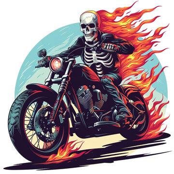 This image depicts a fiery skeleton rider on a motorcycle with flames emanating from its body.