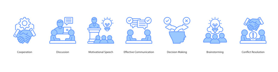 Collaborative Communication web banner icon sheet vector cooperation, discussion, motivational speech, effective communication, decision making, brainstorming, conflict resolution