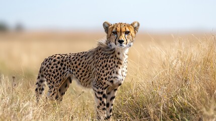 Naklejka premium Stunning Cheetah Standing Tall in Open Savannah Grass Field with Spotted Fur and Alert Expression in Natural Sunlight