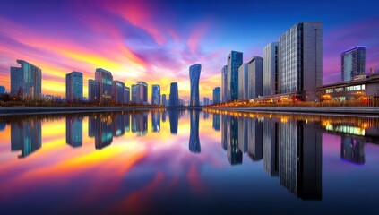 Fototapeta premium Vibrant City Skyline at Sunset