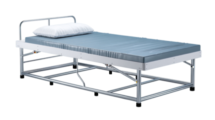 Hospital Bed: A simple, pristine hospital bed, designed for comfort and support, stands ready, suggesting care, recovery, and the quiet moments of rest in a medical environment. 