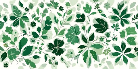 Green botanical pattern with spring floral elements and leaf designs