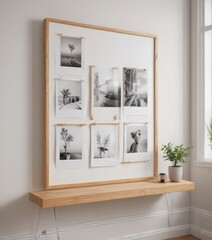 Contemporary poster display, wooden clips, bright interior,  frame,  photography,  background