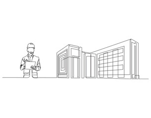 Continuous single line drawing of civil engineer reading blueprint paper and company corporate building. Architect reading blueprint paper single line vector illustration. Editable outline.