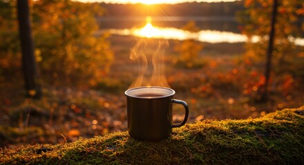 Steaming mug sits on moss in forest with blurred trees and sunrise.