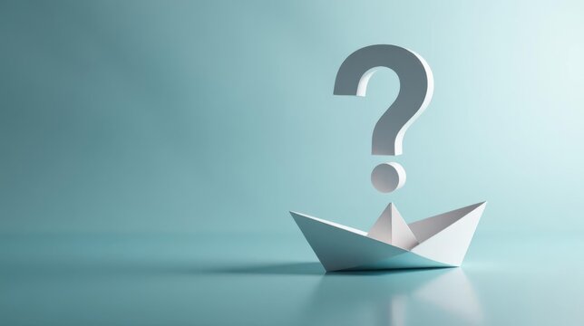 A paper boat navigates an uncertain future, symbolized by a question mark floating above it, representing the challenges and unknown paths ahead in life's journey.