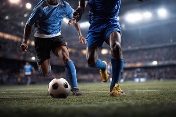 Fototapeta premium Intense soccer match action under stadium lights.