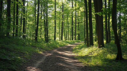 Naklejka premium Sunlit Green Forest Path with Tall Trees and Foliage in a Natural Tranquil Setting in Daylight