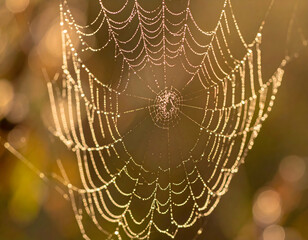 Delicate Dew-Covered Spiderweb In Golden Sunlight