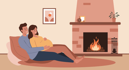 Fototapeta premium Happy pregnant woman relaxing with partner by the fireplace 