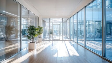 Fototapeta premium Sunlit Modern Office Hallway with Glass Walls and Green Plants in Sleek Corporate Interior with Reflective Floors and