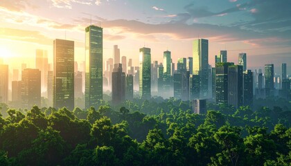 Naklejka premium Sustainable city skyline with lush green trees and modern architecture at sunset showcasing eco-friendly urban planning and environmental conservation