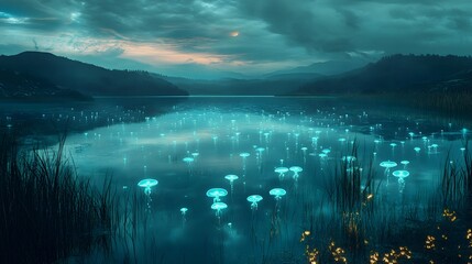 Mystical lake, glowing flora