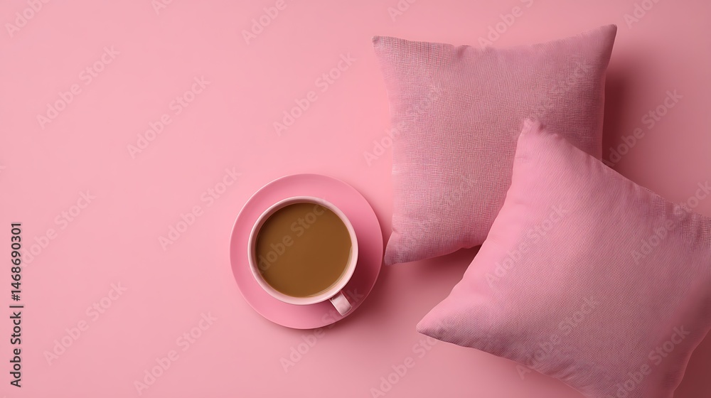 Poster pink pillows and coffee with space for text, flat lay view