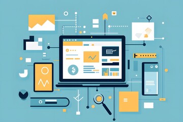 Fototapeta premium Digital marketing and data analysis illustrated with laptop tablet and smartphone icons