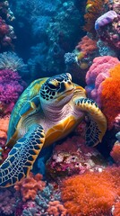 Colorful sea turtle amidst vibrant coral reef
