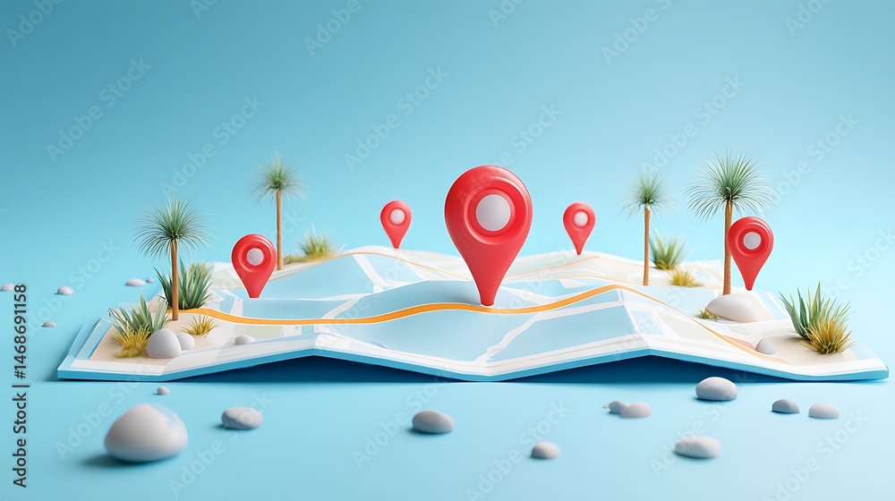 Aufkleber plan navigation route with location indicators on light blue background for travel and exploration