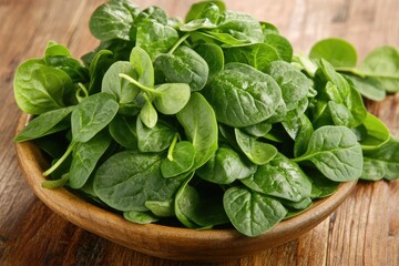 Fresh spinach leaves in a wooden bowl