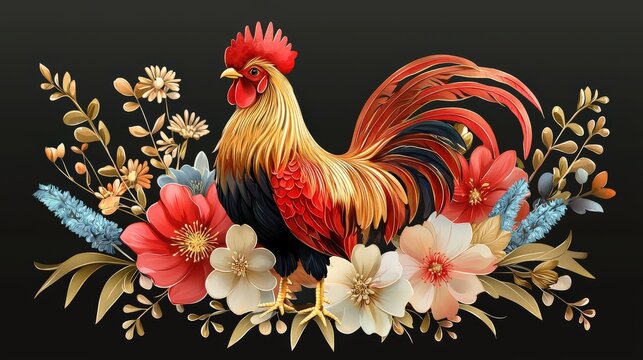A stylized folk rooster in bold red and gold stands proud among rustic flowers and heritage motifs