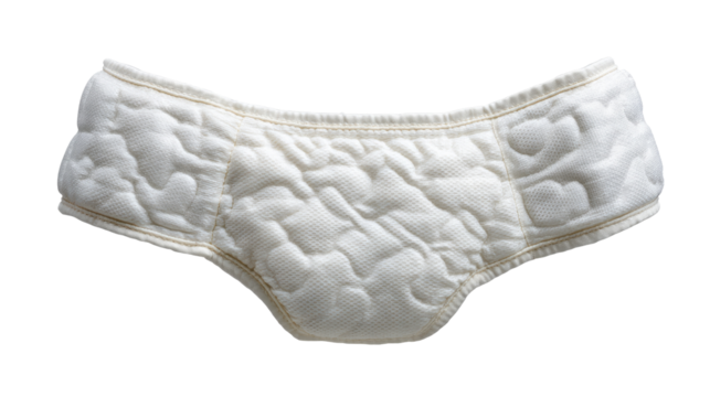Protective Underwear: A close-up shot of single pair of clean, fresh, quilted absorbent underwear on a white background. Designed for secure, reliable protection and confidence.