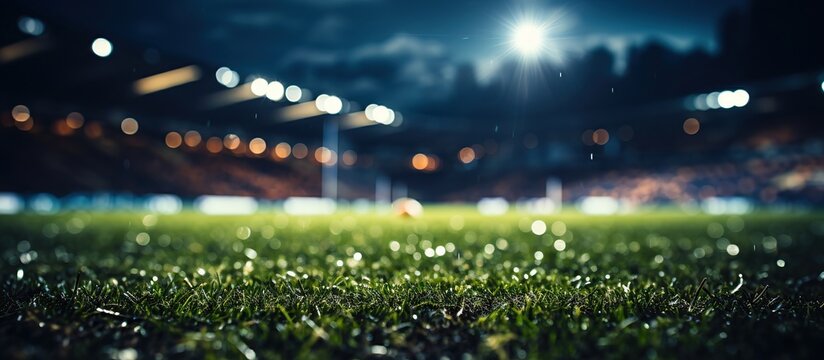 Fototapeta Soccer or football field with green grass and bokeh lights