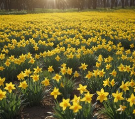 Obraz premium Sunlit daffodil field, vibrant yellow blooms, spring scene, sun, sunshine