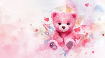 Obraz premium Abstract tiny teddy illustration, blush pink cubist art on pastel fading background