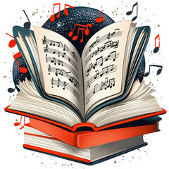 Open book with musical notes floating around it, set against a dark, starry background. The book is red and has cream colored pages filled with