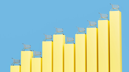Shopping Carts Positioned on Increasingly Tall Yellow Blocks with a Clear Blue Sky in the Background, Representing Consumer Demand Rise