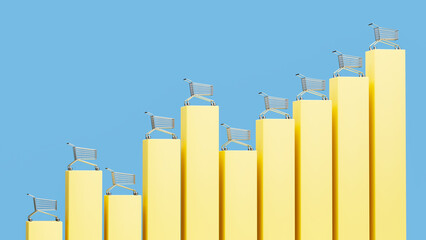 Ascending Yellow Bar - Graph - like Structures Each Topped with a Shopping Cart, Set Against a Clear Blue Sky, Indicating Increasing Consumer Activity