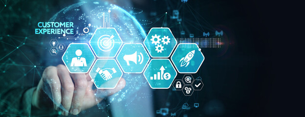CUSTOMER EXPERIENCE inscription, social networking concept. Business, Technology, Internet and...