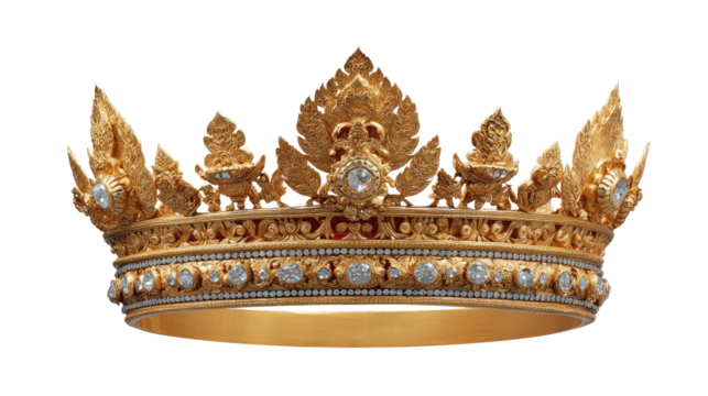 Royal Adornment: A majestic golden crown, meticulously crafted with intricate details and adorned with shimmering gems, emanates an aura of regality and historical significance.