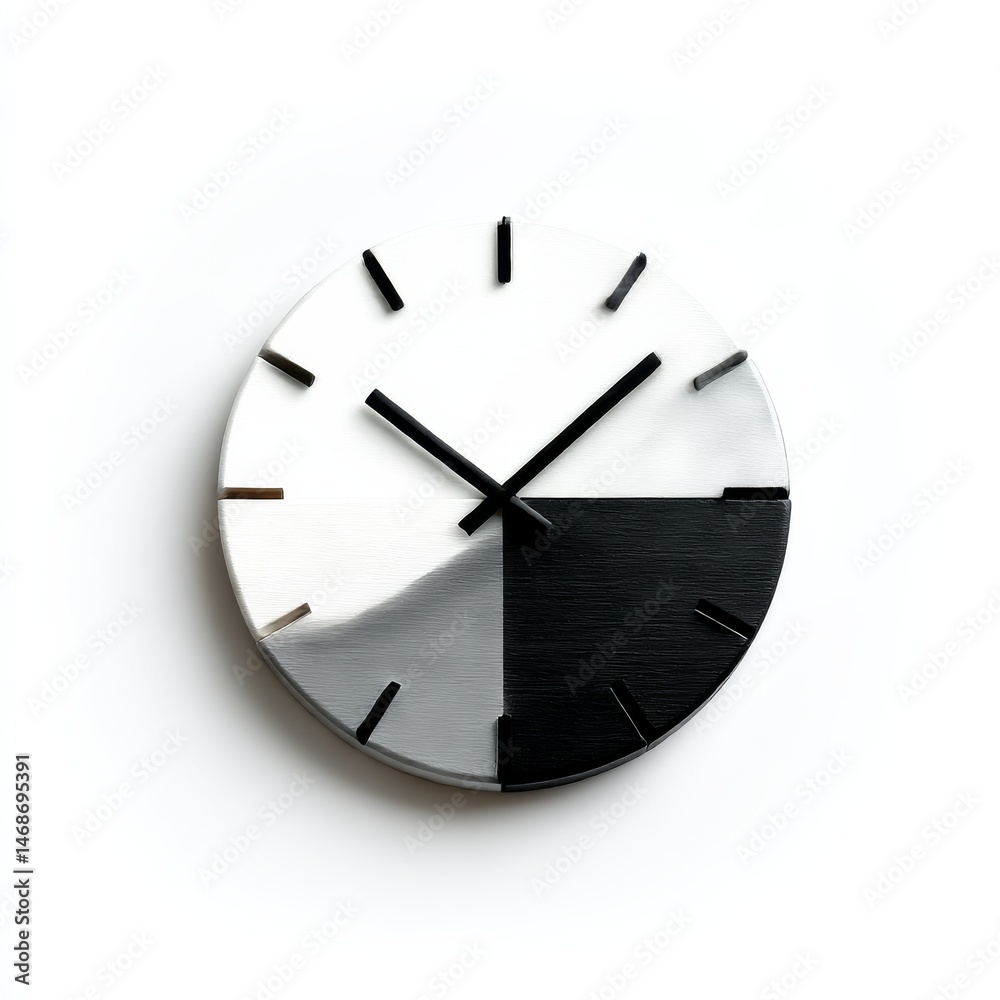 Poster monochrome time: a minimalist clock with white and black segments marking time's passage on a clean,