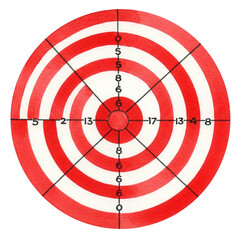 Red and white circular dartboard with numbered scoring zones and radial divisions.