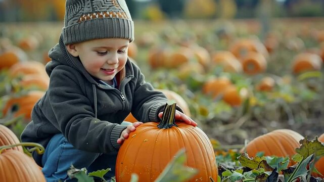 Young boy filled with joy, wearing fall clothes, happily selecting pumpkins at a halloween pumpkin patch. Vibrant autumn leaves enhance the festive spirit.