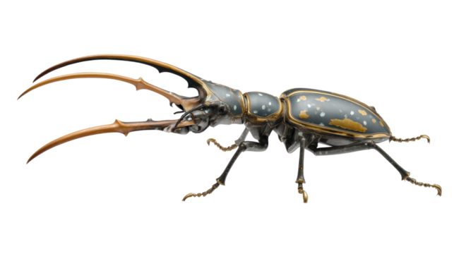 Majestic Beetle: A detailed studio shot of a striking beetle showcases its intricate structure, formidable mandibles, and patterned exoskeleton, standing out against a bright environment.
