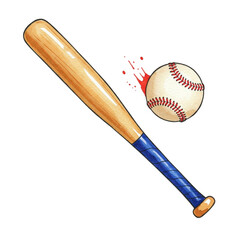 A wooden baseball bat with blue grip next to a fast-moving baseball.