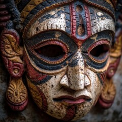 Intricate tribal mask with vivid colors and textures.