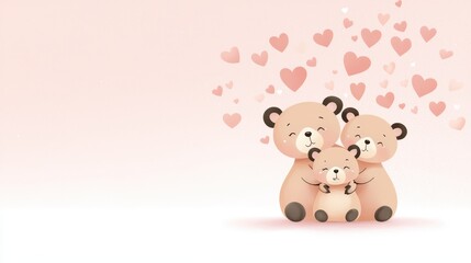Fototapeta premium Bear family made of simplified shapes huddling under a soft pink sky with pastel hearts