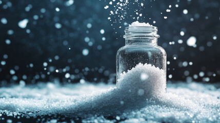 Suspended salt particles fall into clear glass bottle with cinematic spa lighting effect, creating serene and commercial ready mockup scene