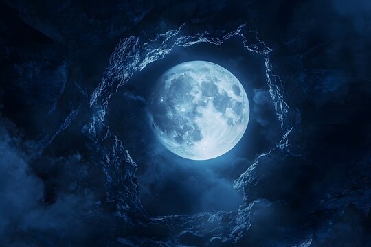 Dramatic blue lit full moon shining through a rocky cave on a misty night sky